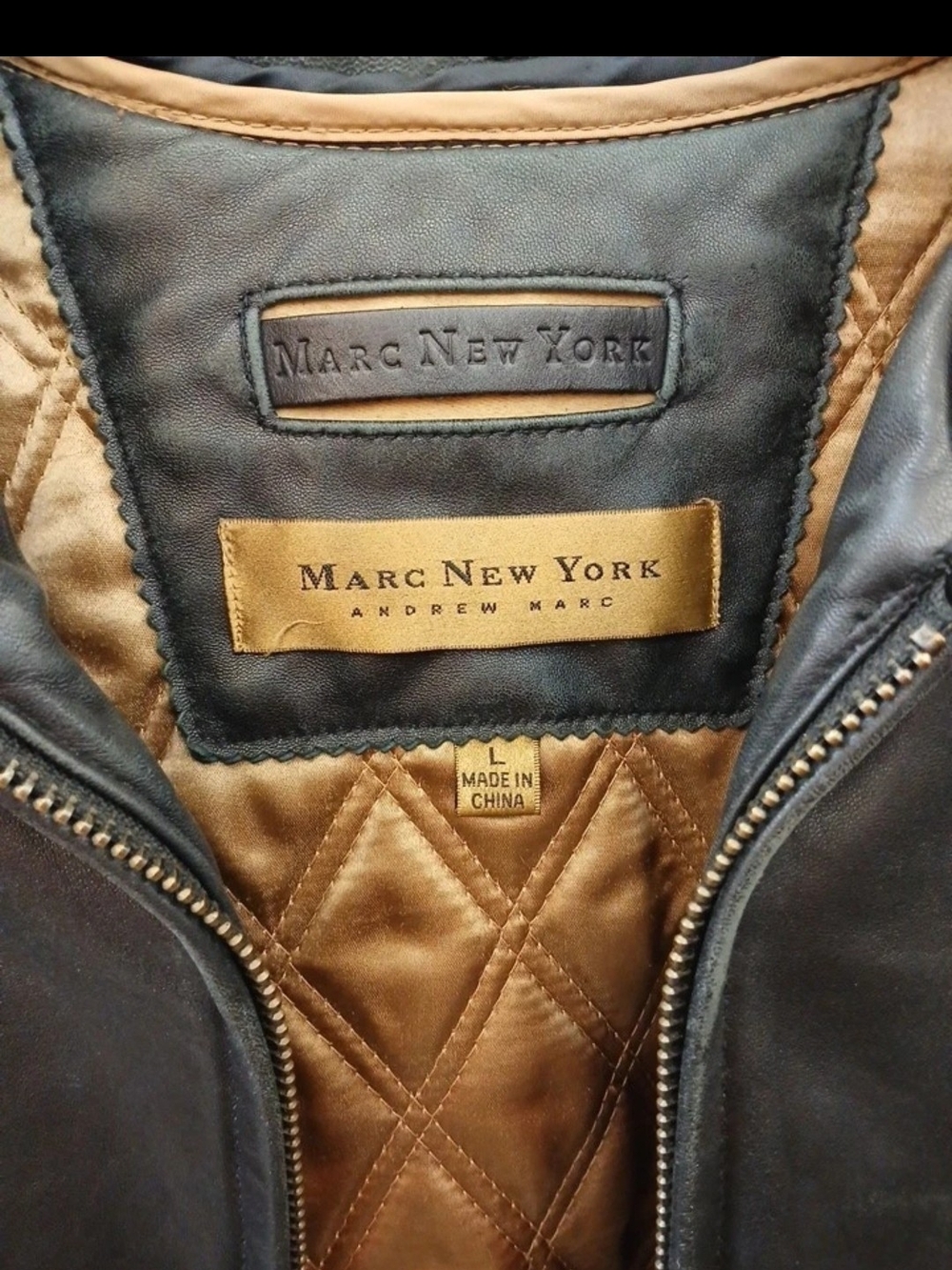 Marc New York Men's Black Lg. Leather Jacket with Zip Gold Removable Therm Vest